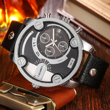 CAGARNY 6819 Fashionable Multifunctional Dual Time Zone Quartz Business Sport Wrist Watch with Leather Band & GMT Time & Calendar & Luminous Display for Men(Silver Case)-garmade.com