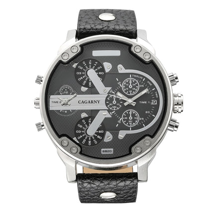 CAGARNY 6820 Fashionable Multifunctional Style Quartz Business Sport Wrist Watch with Leather Band & GMT Time & Calendar & Luminous Display for Men(Black)-garmade.com