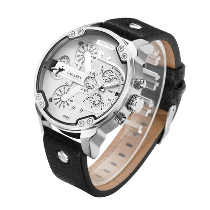 CAGARNY 6820 Fashionable Multifunctional Style Quartz Business Sport Wrist Watch with Leather Band & GMT Time & Calendar & Luminous Display for Men(Black Band White Window)-garmade.com