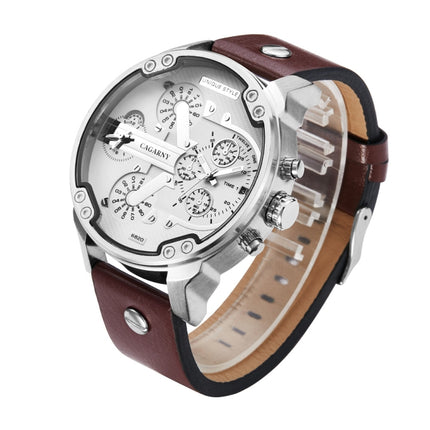 CAGARNY 6820 Fashionable Multifunctional Style Quartz Business Sport Wrist Watch with Leather Band & GMT Time & Calendar & Luminous Display for Men(Brown Band White Window)-garmade.com