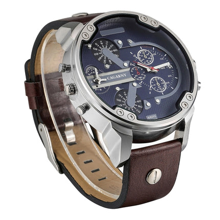 CAGARNY 6820 Fashionable Multifunctional Style Quartz Business Sport Wrist Watch with Leather Band & GMT Time & Calendar & Luminous Display for Men(Brown)-garmade.com