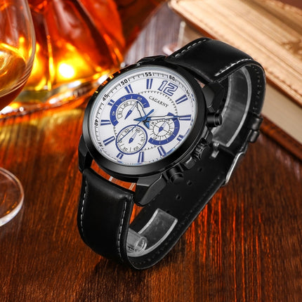 CAGARNY 6826 Fashionable Quartz Business Sport Wrist Watch with Leather Band & 24-hour Indication & Calendar Function for Men(White Window Blue Scale)-garmade.com