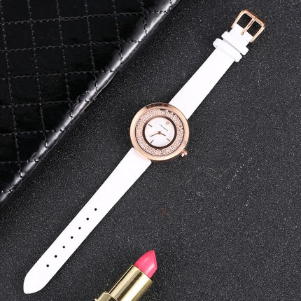 CAGARNY 6878 Water Resistant Fashion Women Quartz Wrist Watch with Leather Band(White+Gold)-garmade.com