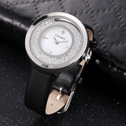 CAGARNY 6878 Water Resistant Fashion Women Quartz Wrist Watch with Leather Band(Black+Silver+White)-garmade.com