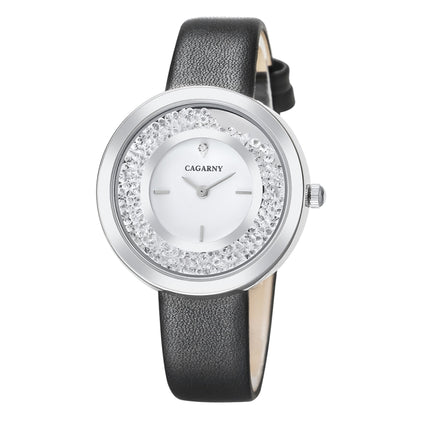 CAGARNY 6878 Water Resistant Fashion Women Quartz Wrist Watch with Leather Band(Black+Silver+White)-garmade.com