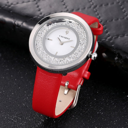 CAGARNY 6878 Water Resistant Fashion Women Quartz Wrist Watch with Leather Band(Red+Silver)-garmade.com
