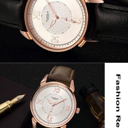 YAZOLE 424 Men Fashion Business PU Leather Band Quartz Wrist Watch, Luminous Points (White Dial + Brown Strap)-garmade.com