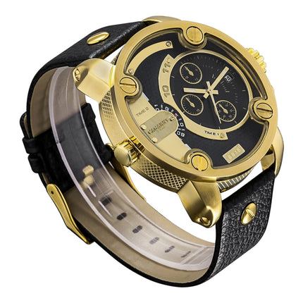 CAGARNY 6818 Fashionable DZ Style Large Dial Dual Clock Quartz Movement Sport Wrist Watch with Leather Band & Calendar Function for Men(Black Band Gold Case)-garmade.com