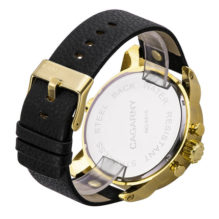 CAGARNY 6818 Fashionable DZ Style Large Dial Dual Clock Quartz Movement Sport Wrist Watch with Leather Band & Calendar Function for Men(Black Band Gold Case)-garmade.com