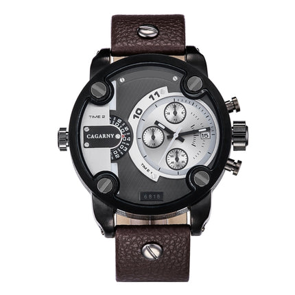 CAGARNY 6818 Fashionable DZ Style Large Dial Dual Clock Quartz Movement Sport Wrist Watch with Leather Band & Calendar Function for Men(Brown Band Black Case)-garmade.com