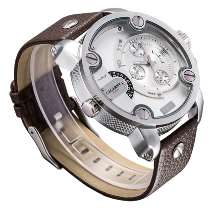 CAGARNY 6818 Fashionable DZ Style Large Dial Dual Clock Quartz Movement Sport Wrist Watch with Leather Band & Calendar Function for Men(Brown Band Silver Case)-garmade.com