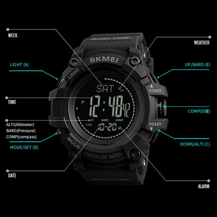 SKMEI 1358 Multifunctional Men Outdoor Sports 30m Waterproof Digital Watch with Compass / Barometer / Altimeter/ Pedometer Function(Army Green)-garmade.com