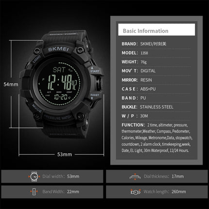 SKMEI 1358 Multifunctional Men Outdoor Sports 30m Waterproof Digital Watch with Compass / Barometer / Altimeter/ Pedometer Function(Army Green)-garmade.com