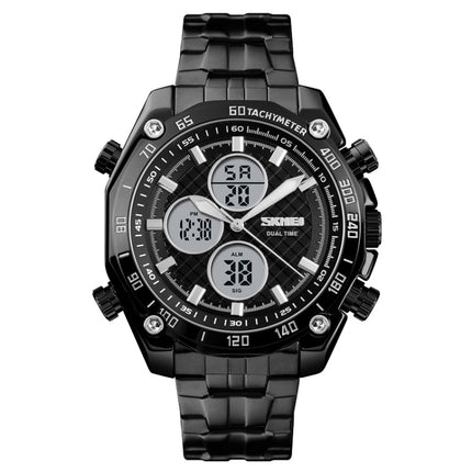 SKMEI 1302 Fashion Men Leisure Wrist Watch Multifunctional Dual-time Sports Digital Watch with Stainless Steel Watchband 30m Waterproof (Black+White)-garmade.com