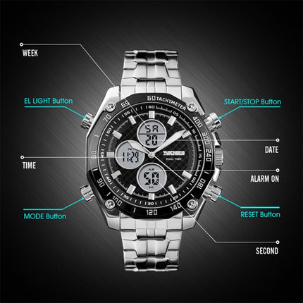 SKMEI 1302 Fashion Men Leisure Wrist Watch Multifunctional Dual-time Sports Digital Watch with Stainless Steel Watchband 30m Waterproof (Black+White)-garmade.com