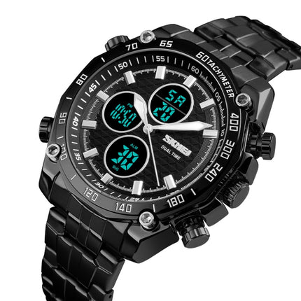 SKMEI 1302 Fashion Men Leisure Wrist Watch Multifunctional Dual-time Sports Digital Watch with Stainless Steel Watchband 30m Waterproof (Black)-garmade.com