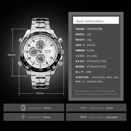 SKMEI 1302 Fashion Men Leisure Wrist Watch Multifunctional Dual-time Sports Digital Watch with Stainless Steel Watchband 30m Waterproof (Black)-garmade.com