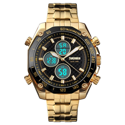 SKMEI 1302 Fashion Men Leisure Wrist Watch Multifunctional Dual-time Sports Digital Watch with Stainless Steel Watchband 30m Waterproof (Gold)-garmade.com