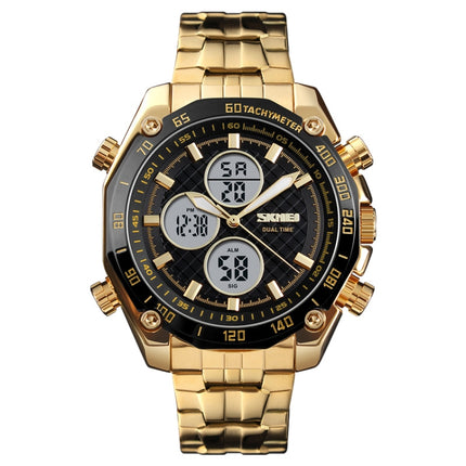 SKMEI 1302 Fashion Men Leisure Wrist Watch Multifunctional Dual-time Sports Digital Watch with Stainless Steel Watchband 30m Waterproof (Gold)-garmade.com