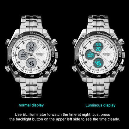 SKMEI 1302 Fashion Men Leisure Wrist Watch Multifunctional Dual-time Sports Digital Watch with Stainless Steel Watchband 30m Waterproof (Gold)-garmade.com