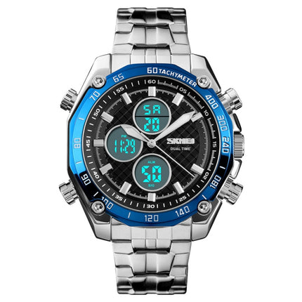 SKMEI 1302 Fashion Men Leisure Wrist Watch Multifunctional Dual-time Sports Digital Watch with Stainless Steel Watchband 30m Waterproof (Blue)-garmade.com