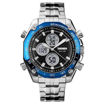 SKMEI 1302 Fashion Men Leisure Wrist Watch Multifunctional Dual-time Sports Digital Watch with Stainless Steel Watchband 30m Waterproof (Blue)-garmade.com