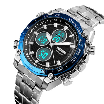 SKMEI 1302 Fashion Men Leisure Wrist Watch Multifunctional Dual-time Sports Digital Watch with Stainless Steel Watchband 30m Waterproof (Blue)-garmade.com
