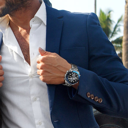 SKMEI 1302 Fashion Men Leisure Wrist Watch Multifunctional Dual-time Sports Digital Watch with Stainless Steel Watchband 30m Waterproof (Silver+Black)-garmade.com