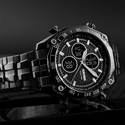 SKMEI 1302 Fashion Men Leisure Wrist Watch Multifunctional Dual-time Sports Digital Watch with Stainless Steel Watchband 30m Waterproof (Silver+Black)-garmade.com