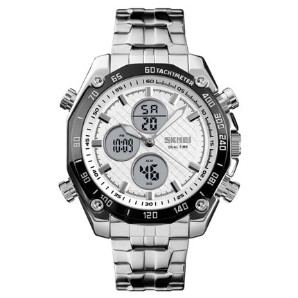 SKMEI 1302 Fashion Men Leisure Wrist Watch Multifunctional Dual-time Sports Digital Watch with Stainless Steel Watchband 30m Waterproof (Silver)-garmade.com