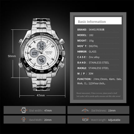 SKMEI 1302 Fashion Men Leisure Wrist Watch Multifunctional Dual-time Sports Digital Watch with Stainless Steel Watchband 30m Waterproof (Silver)-garmade.com