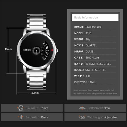 SKMEI 1260 Fashion Creative Pointer 30m Waterproof Quartz Wrist Watch with Stainless Steel Watchband(Jet Black)-garmade.com