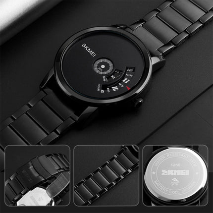 SKMEI 1260 Fashion Creative Pointer 30m Waterproof Quartz Wrist Watch with Stainless Steel Watchband(Jet Black)-garmade.com