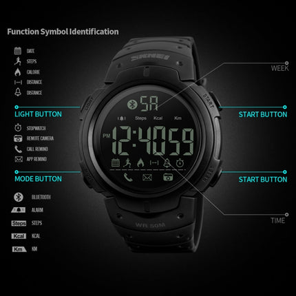 SKMEI 1301 Multifunction 50m Waterproof Sports Bluetooth Smart Watch, Compatible with Android & iOS System(Army Green)-garmade.com