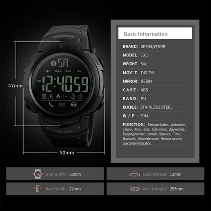 SKMEI 1301 Multifunction 50m Waterproof Sports Bluetooth Smart Watch, Compatible with Android & iOS System(Black)-garmade.com