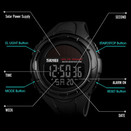 SKMEI 1405 Fashion Solar Power Outdoor Sports Watch Multifunctional 50m Waterproof Men Digital Watch(Black)-garmade.com