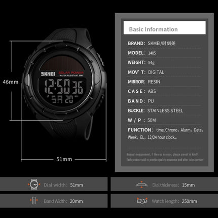SKMEI 1405 Fashion Solar Power Outdoor Sports Watch Multifunctional 50m Waterproof Men Digital Watch(Black)-garmade.com