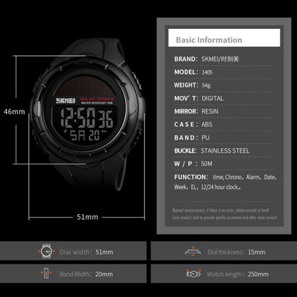 SKMEI 1405 Fashion Solar Power Outdoor Sports Watch Multifunctional 50m Waterproof Men Digital Watch(Khaki)-garmade.com