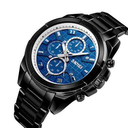 SKMEI 1378 Fashion Men Business Leisure Watch 30m Waterproof Metal Quartz Wrist Watch(Black Blue)-garmade.com