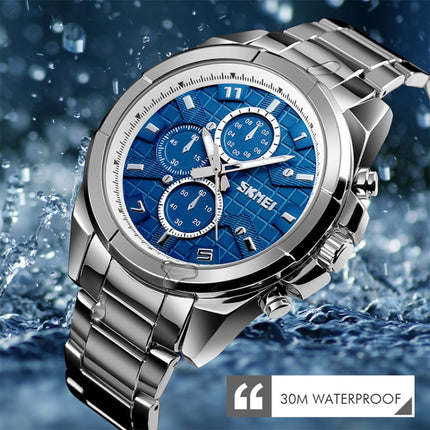 SKMEI 1378 Fashion Men Business Leisure Watch 30m Waterproof Metal Quartz Wrist Watch(Black Blue)-garmade.com