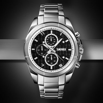 SKMEI 1378 Fashion Men Business Leisure Watch 30m Waterproof Metal Quartz Wrist Watch(Silver+Black)-garmade.com