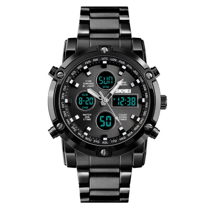 SKMEI 1389 Multifunctional Men Business Digital Watch 30m Waterproof Large Dial Wrist Watch with Stainless Steel Watchband (Black)-garmade.com