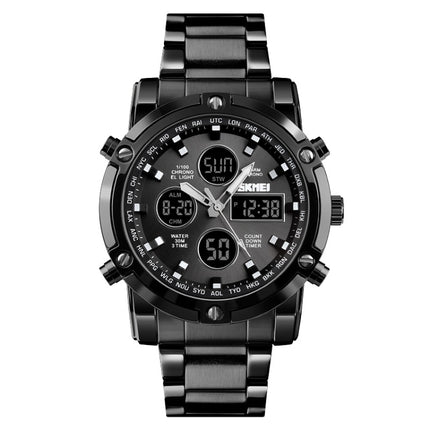 SKMEI 1389 Multifunctional Men Business Digital Watch 30m Waterproof Large Dial Wrist Watch with Stainless Steel Watchband (Black)-garmade.com