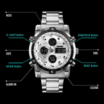 SKMEI 1389 Multifunctional Men Business Digital Watch 30m Waterproof Large Dial Wrist Watch with Stainless Steel Watchband (Black)-garmade.com