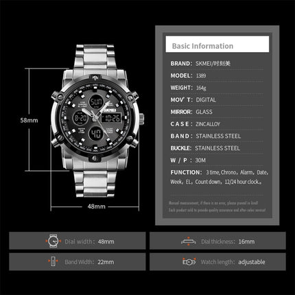 SKMEI 1389 Multifunctional Men Business Digital Watch 30m Waterproof Large Dial Wrist Watch with Stainless Steel Watchband (Black)-garmade.com