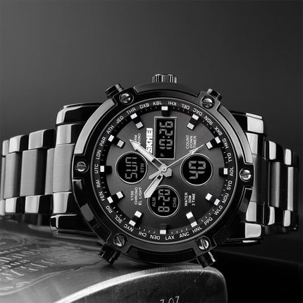 SKMEI 1389 Multifunctional Men Business Digital Watch 30m Waterproof Large Dial Wrist Watch with Stainless Steel Watchband (Black)-garmade.com