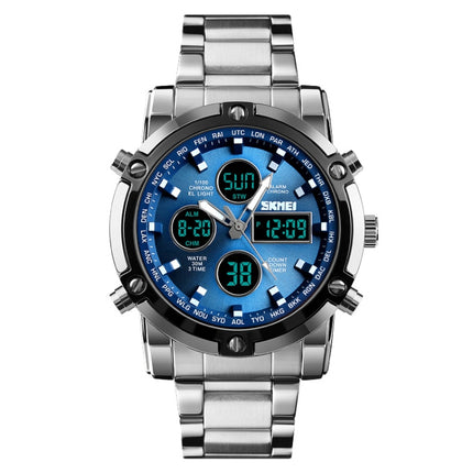 SKMEI 1389 Multifunctional Men Business Digital Watch 30m Waterproof Large Dial Wrist Watch with Stainless Steel Watchband (Blue)-garmade.com