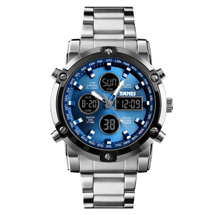 SKMEI 1389 Multifunctional Men Business Digital Watch 30m Waterproof Large Dial Wrist Watch with Stainless Steel Watchband (Blue)-garmade.com