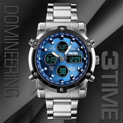 SKMEI 1389 Multifunctional Men Business Digital Watch 30m Waterproof Large Dial Wrist Watch with Stainless Steel Watchband (Blue)-garmade.com