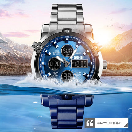 SKMEI 1389 Multifunctional Men Business Digital Watch 30m Waterproof Large Dial Wrist Watch with Stainless Steel Watchband (Blue)-garmade.com